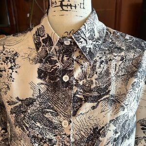 Toile-Style Print, Long-Sleeve, Black and Cream Button-Up Shirt, M to L